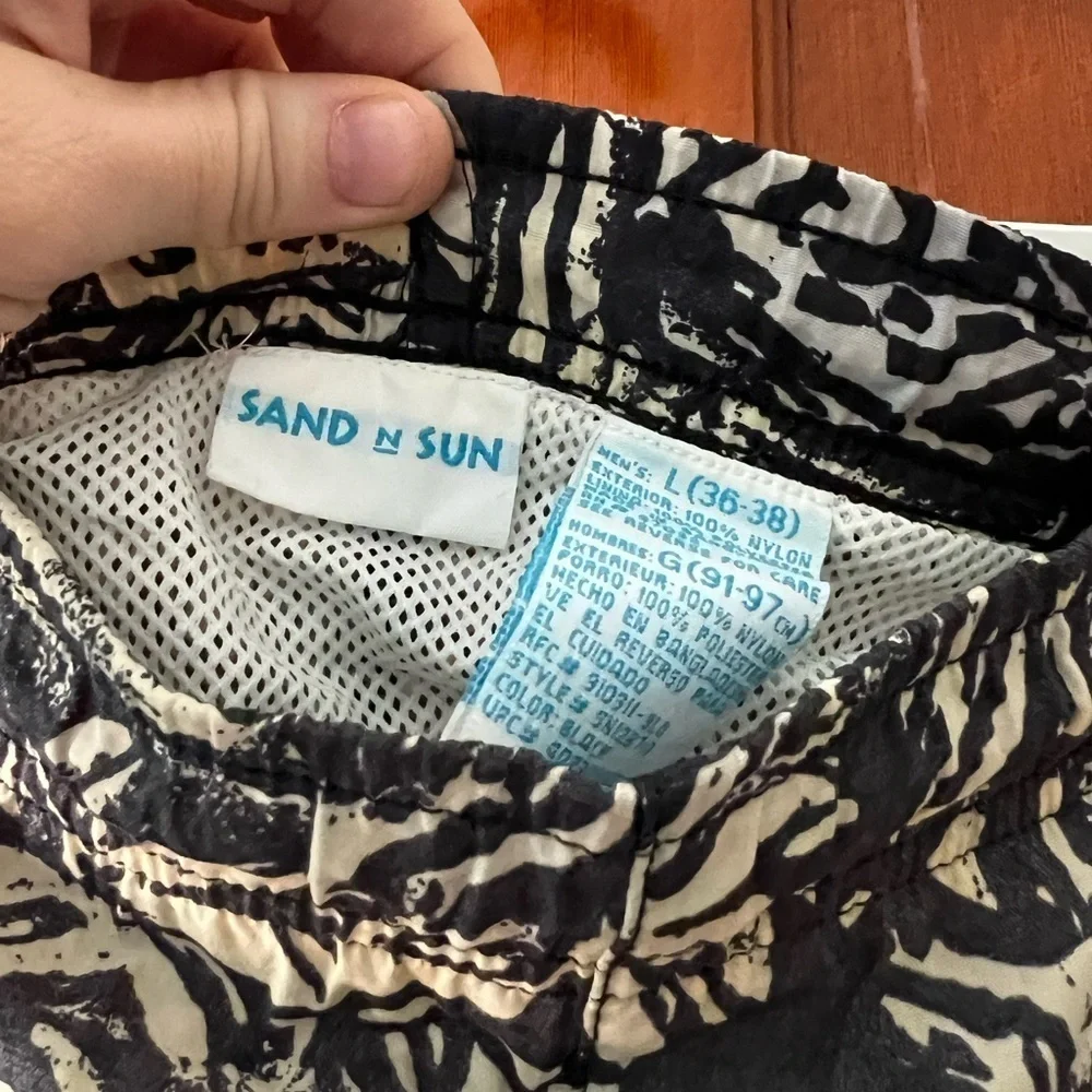 Vintage Sand N Sun Swim Trunks Men’s L Blue White Tribal Surf Print 90s Shorts
